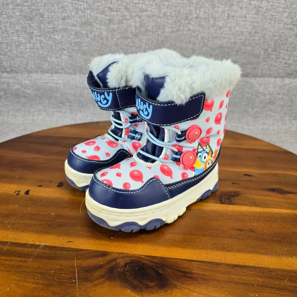 Bluey Bingo Kids Winter Snow Boots Blue Red Balloon Print Faux Fur Sz 7 36112035